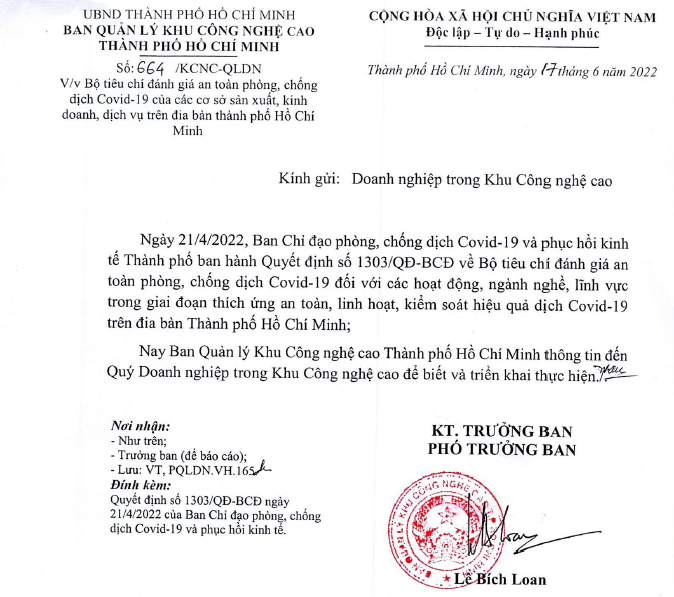 Promulgating a set of criteria for assessing the safety of Covid-19 epidemic prevention and control of production, business and service establishments in Ho Chi Minh City