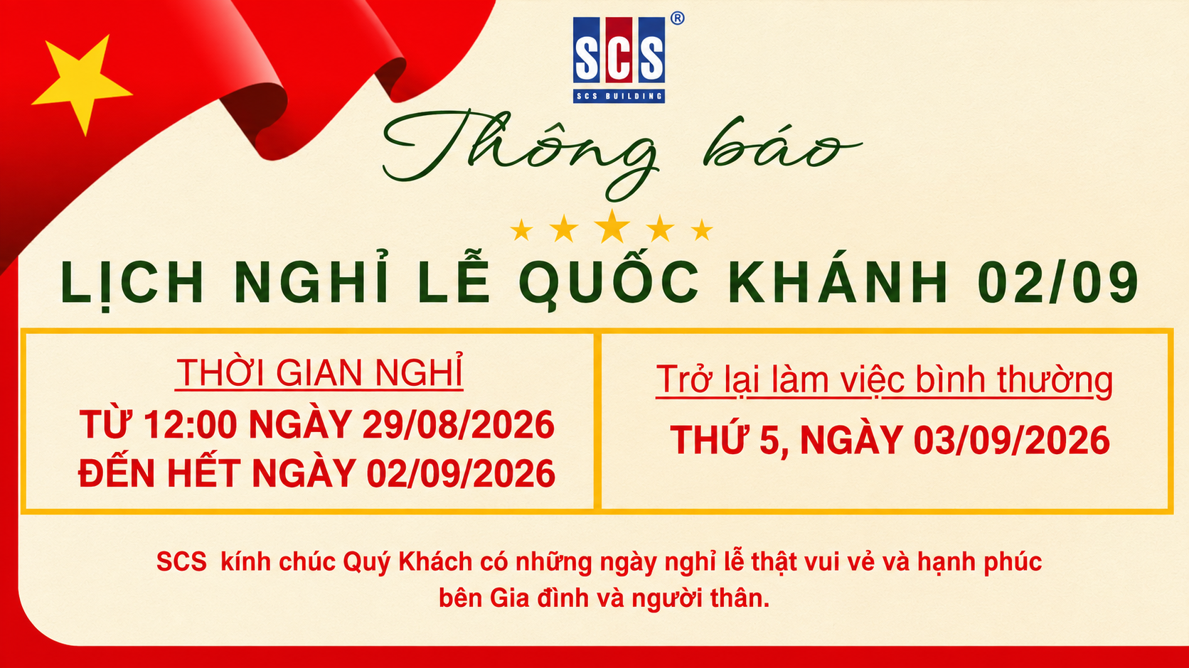 LỊCH NGHỈ LỄ QUỐC KHÁNH 02/09 NĂM 2026 TẠI TÒA NHÀ SCS