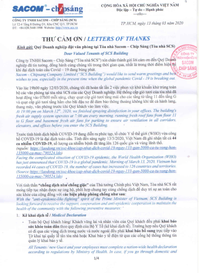 Thư cảm ơn Quý Doanh nghiệp đặt văn phòng tại Tòa nhà Sacom – Chíp Sáng (Tòa nhà SCS) / Letters of thanks Valued Tenants of SCS Building