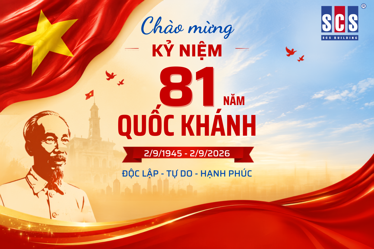 Tòa nhà SCS chào mừng kỷ niệm 81 năm Ngày Quốc Khánh nước Cộng Hoà Xã hội Chủ nghĩa Việt Nam (02/09/1945-02/09/2026)