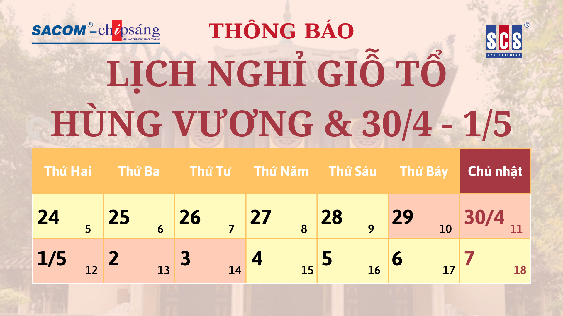 LỊCH NGHỈ LỄ GIỖ TỔ HÙNG VƯƠNG, GIẢI PHÓNG MIỀN NAM 30/4 VÀ QUỐC TẾ LAO ĐỘNG 1/5 NĂM 2023