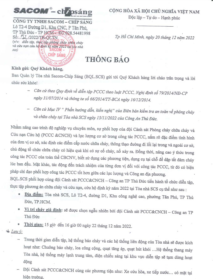 THÔNG BÁO KẾ HOẠCH DIỄN TẬP, THỰC TẬP PHÒNG CHÁY CHỮA CHÁY VÀ CỨU NẠN CỨU HỘ ĐỊNH KỲ NĂM 2022 TẠI TÒA NHÀ SCS