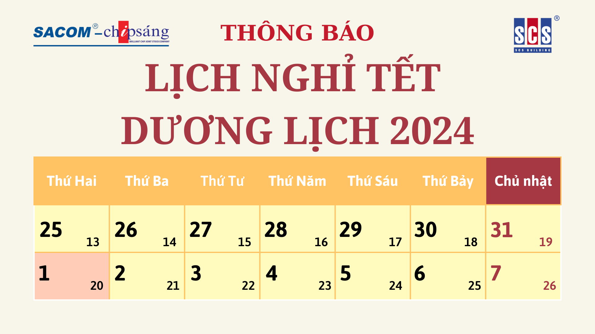 Thông báo nghỉ Tết Dương lịch năm 2024